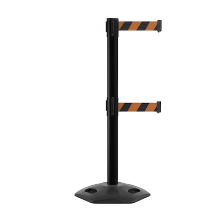 Montour Line Stanchion Dual Belt Barr. Rubber Base Black Post 11ft.Blk/Or Belt P400DRB-BK-BOD-110